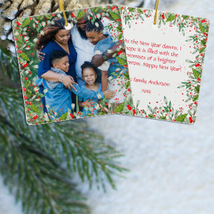 Ornement En Céramique Monogramme Rouge Noël Green photo Classic Round