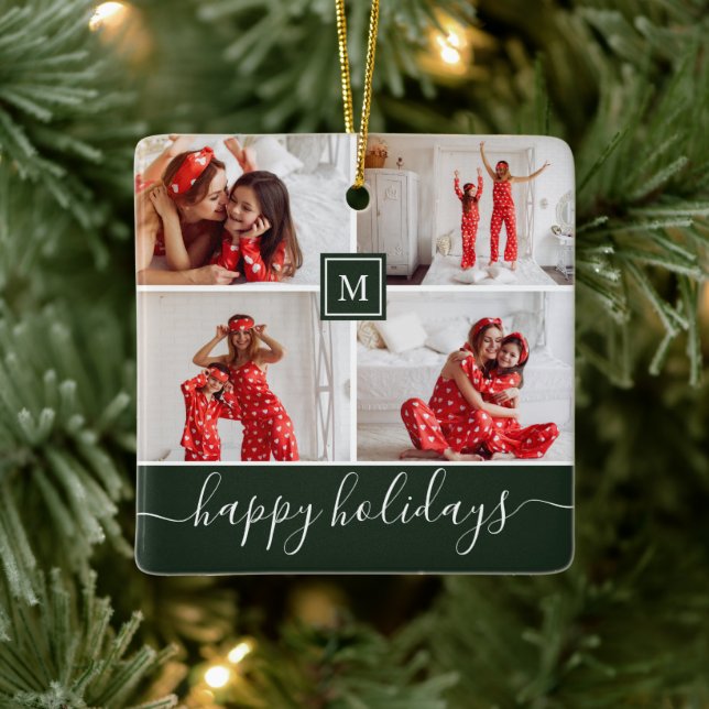 Ornement En Céramique Monogramme simple Collage photo Happy Holiday Gree (Arbre)