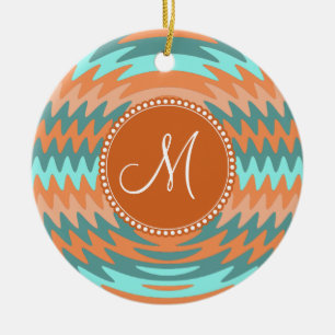 Ornement En Céramique Monogramme sur mesure Corail tribal Aqua Ripples V