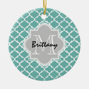 Ornement En Céramique Monogramme vert et gris de menthe de Quatrefoil de