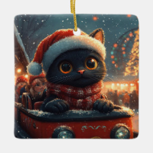 Ornement En Céramique Montagnes Russes Chat Noir de Noël