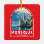 Ornement En Céramique Montreux Suisse Travel Art Vintage<br><div class="desc">Montreux design de déplacement vectoriel rétro. Montreux est une station balnéaire traditionnelle située sur le lac Léman. Niché entre des collines escarpées et le lac.</div>