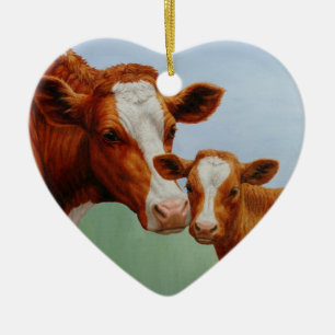 Ornement En Céramique Mother Guernsey Cow and Cute Calf
