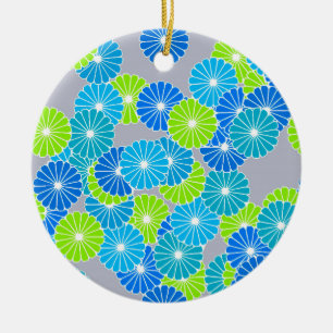 Ornement En Céramique Motif à fleurs Art Déco - bleu et vert citron