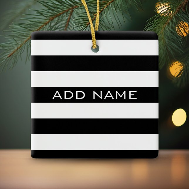 Ornement En Céramique Motif à rayures noir et blanc avec nom (Personalized ornament)