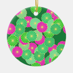 Ornement En Céramique Motif de fleurs Art Déco - tons verts, fuchsia
