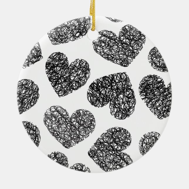 Ornement En Céramique Motif moderne Black and White Doodle Hearts (Dos)