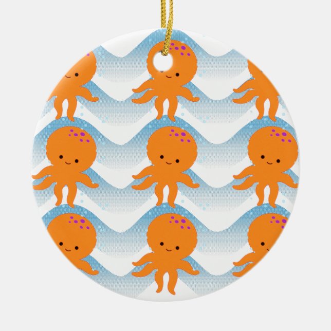 Ornement En Céramique Motif Octopus Orange Et Vagues Bleues (Devant)