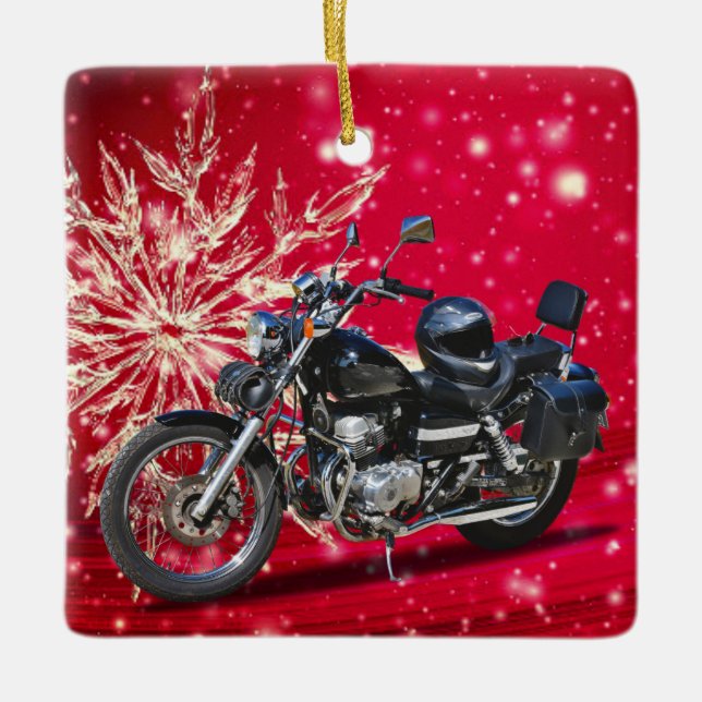 Ornement En Céramique Motocyclette Red Snowflake et Casque Noël (Devant)