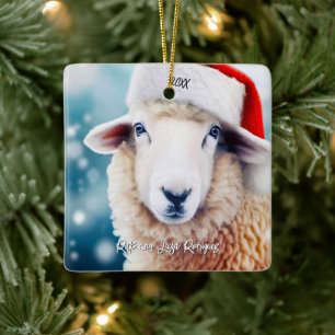Ornement En Céramique Mouton mignon portant un chapeau de Père Noël Noël