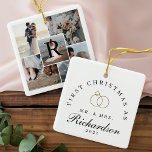 Ornement En Céramique Mr. Mrs. 5 Photo Collage First Christmas Monogram<br><div class="desc">Beautiful minimal monogram 5 photo collage Mr & Mrs First Christmas ornament. Our beautiful Mr. & Mrs. first Christmas ornament features a 5 photo collage layout for you to add five of your favourite wedding photo memories. Customize with your monogram placed in the centre. The reverse side features the words...</div>