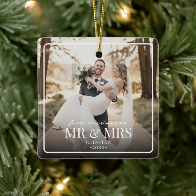Ornement En Céramique Mr & Mrs First Chirstmas Boarder Custom Photo  (Arbre)
