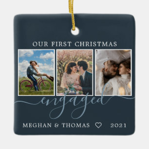 Ornement En Céramique Multi photos first Christmas Engaged blue