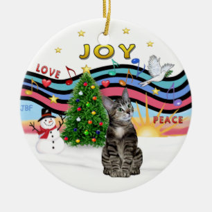 Ornement En Céramique Musique de Noël #1- Chat tigré tabby marron