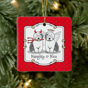 Ornement En Céramique Naughty & Nice Old English Sheepdogs (Gray 1)