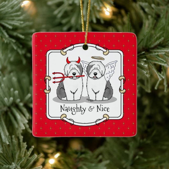 Ornement En Céramique Naughty & Nice Old English Sheepdogs (Grey 1) (Arbre)
