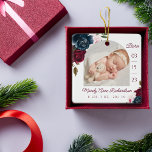 Ornement En Céramique Navy Bourgogne rose Floral Bébé Statistiques de na<br><div class="desc">Nouveau bébé statistiques de naissance photo ornement de Noël. Le design comprend deux photos, une photo à l'avant et une à l'arrière. Affichez la photo de votre nouveau bébé. La date de naissance est affichée le long du côté et le nom et la naissance du bébé se trouvent le long...</div>