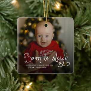 Ornement En Céramique Né pour dévaler bébé photo naissance stats Noël