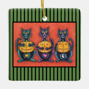 ORNEMENT EN CÉRAMIQUE NE VOYEZ AUCUN MAL CHATS NOIRS, HALLOWEEN VACANCES