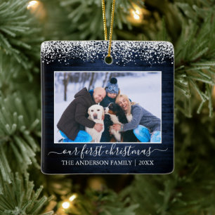 Ornement En Céramique Neige Top Blue Wood First Christmas Family Photo