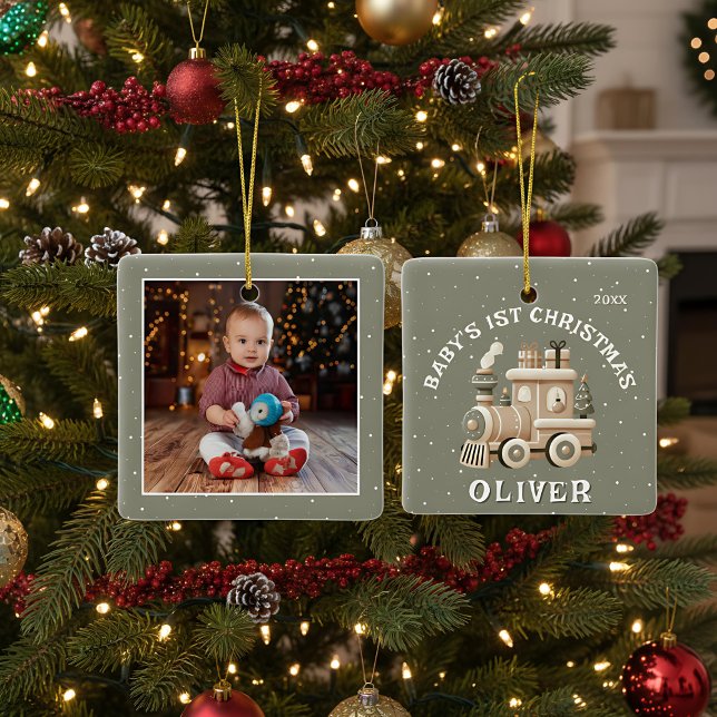 Ornement En Céramique Neutral Baby’s 1st Christmas Train Keepsake Photo (Créateur téléchargé)