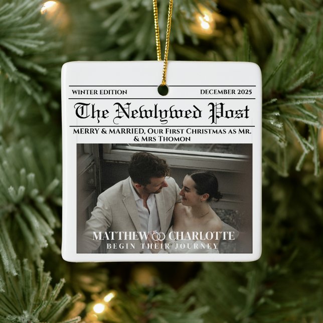 Ornement En Céramique Newspaper Merry and Married Holiday Accents Photo (merry and married holiday accents elegant modern mr and mrs newlyweds first christmas keepsake)