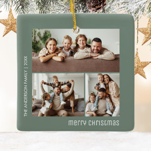 Ornement En Céramique Noël 3 Photos de famille Collage Sage Green