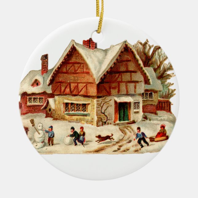 Ornement En Céramique Noël à l'ancienne, Maison (Devant)