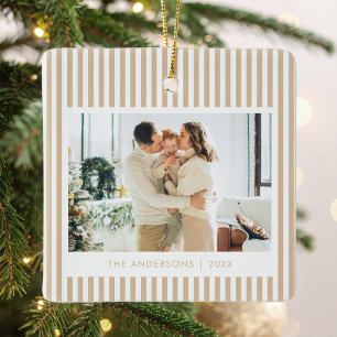 Ornement En Céramique Noël avec bandes beige moderne photo personnalisée