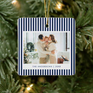 Ornement En Céramique Noël avec photo personnalisée rayures bleu marine