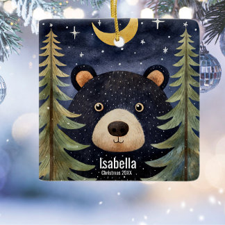 Ornement En Céramique Noël Black Bear Night Moon Forrest