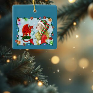 Ornement En Céramique Noël Blonde Elf Red Dragon Imaginaire