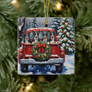 Ornement En Céramique Noël Blue Heeler Camion Rouge Fêtes