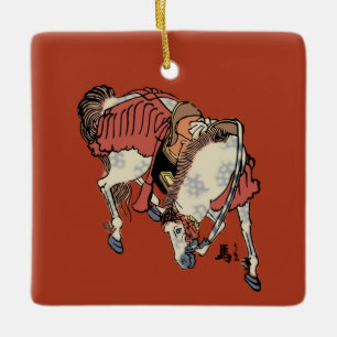 Ornement En Céramique Noël Cheval Japonais Vintage sur Fond Rouge Chinoi