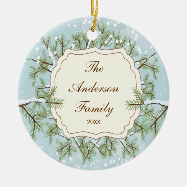 Ornement En Céramique Noël daté de famille de Branche de pin élégant (Devant)