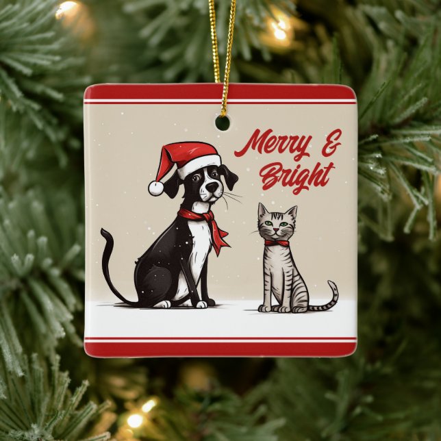 Ornement En Céramique Noël de chat et chien mignon personnalisé (Arbre)