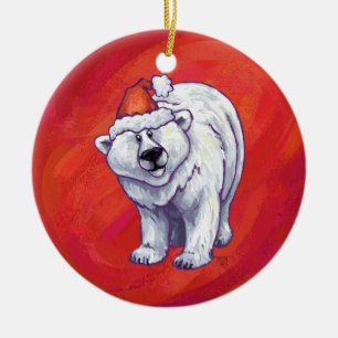Ornement En Céramique Noël de l'ours polaire sur le rouge