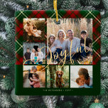 Ornement En Céramique Noël de Noël de la famille joyeuse<br><div class="desc">Elégant style plaid écossais faux or joyeux script six photos de famille et nom traditionnel arbre vert rouge ornement.</div>