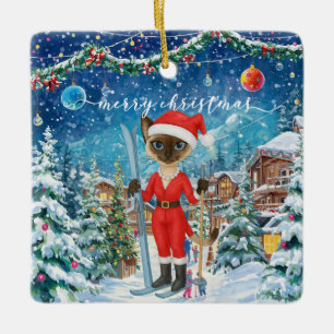 Ornement En Céramique Noël de ski pour Père Noël Amoureux de les chats s