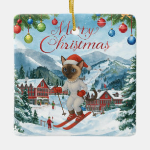 Ornement En Céramique Noël de ski pour Père Noël Amoureux de les chats s