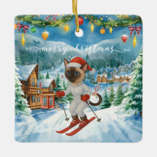 Ornement En Céramique Noël de ski pour Père Noël Amoureux de les chats s