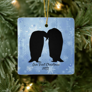 Ornement En Céramique Noël des couples de pingouins amoureux