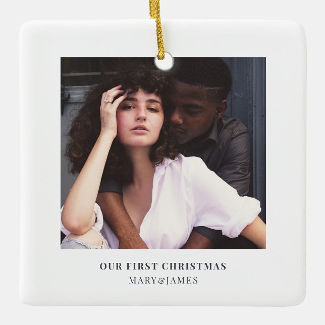 Ornement En Céramique Noël élégant | Minimal Élégant Couple Photo (Créateur téléchargé)