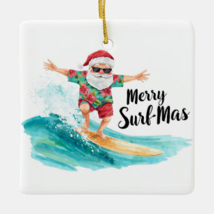 Ornement En Céramique Noël en surf à Hawaï Tropical Santa Fête
