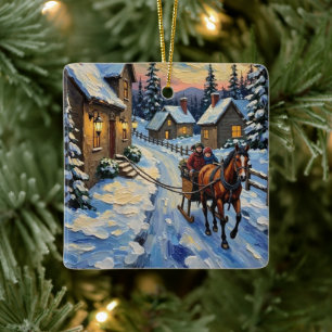 Ornement En Céramique Noël enneigé avec cheval et traîneau vintage
