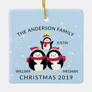 Ornement En Céramique Noël Famille Personnalisée Amusante De 3 Pingouins