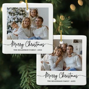 Ornement En Céramique Noël joyeux double face avec deux photos personnal