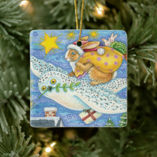 Ornement En Céramique Noël mignon avec lapin comme Père Noël sur Hibou