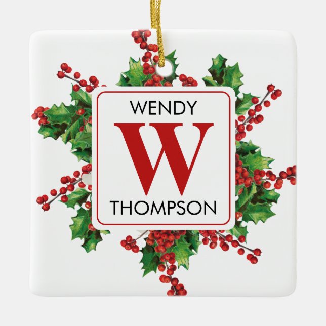 Ornement En Céramique Noël Monogramme Rouge & Green Festive (Devant)