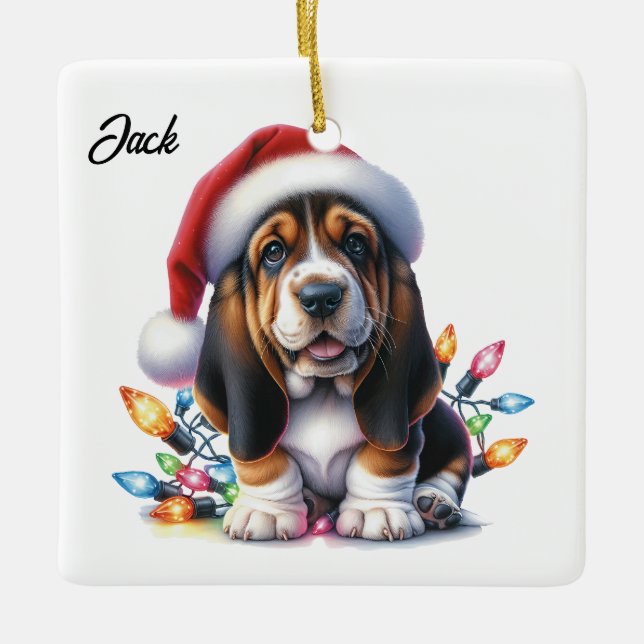 Ornement En Céramique Noël personnalisé Bassett Hound Père Noël (Devant)